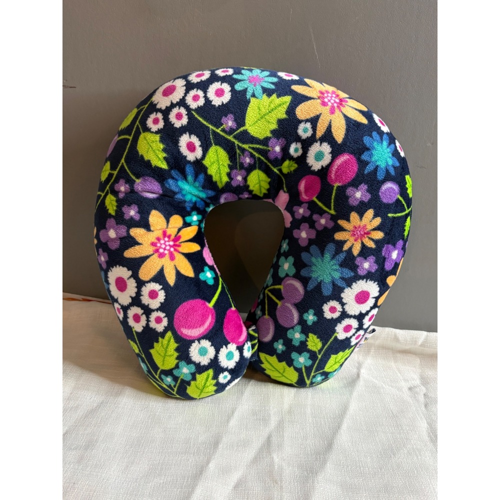 Wolf Essentials Floral Fleece Travel Neck Pillow Navy Blue Multi Color Snap